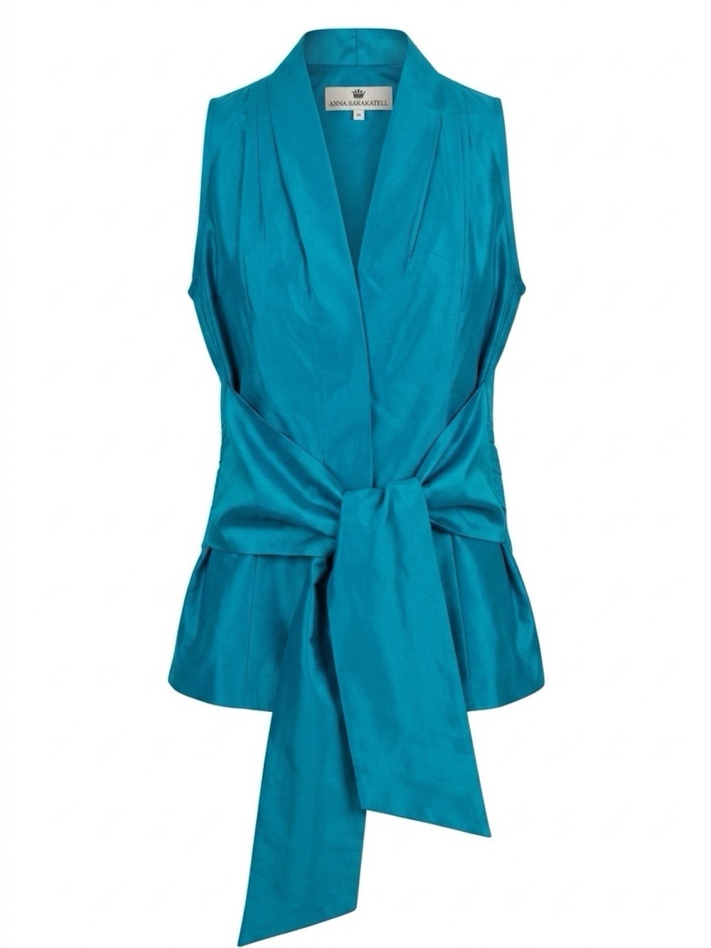 Marisa Baratelli Silk Teal Tie-Front Sleeveless Blouse